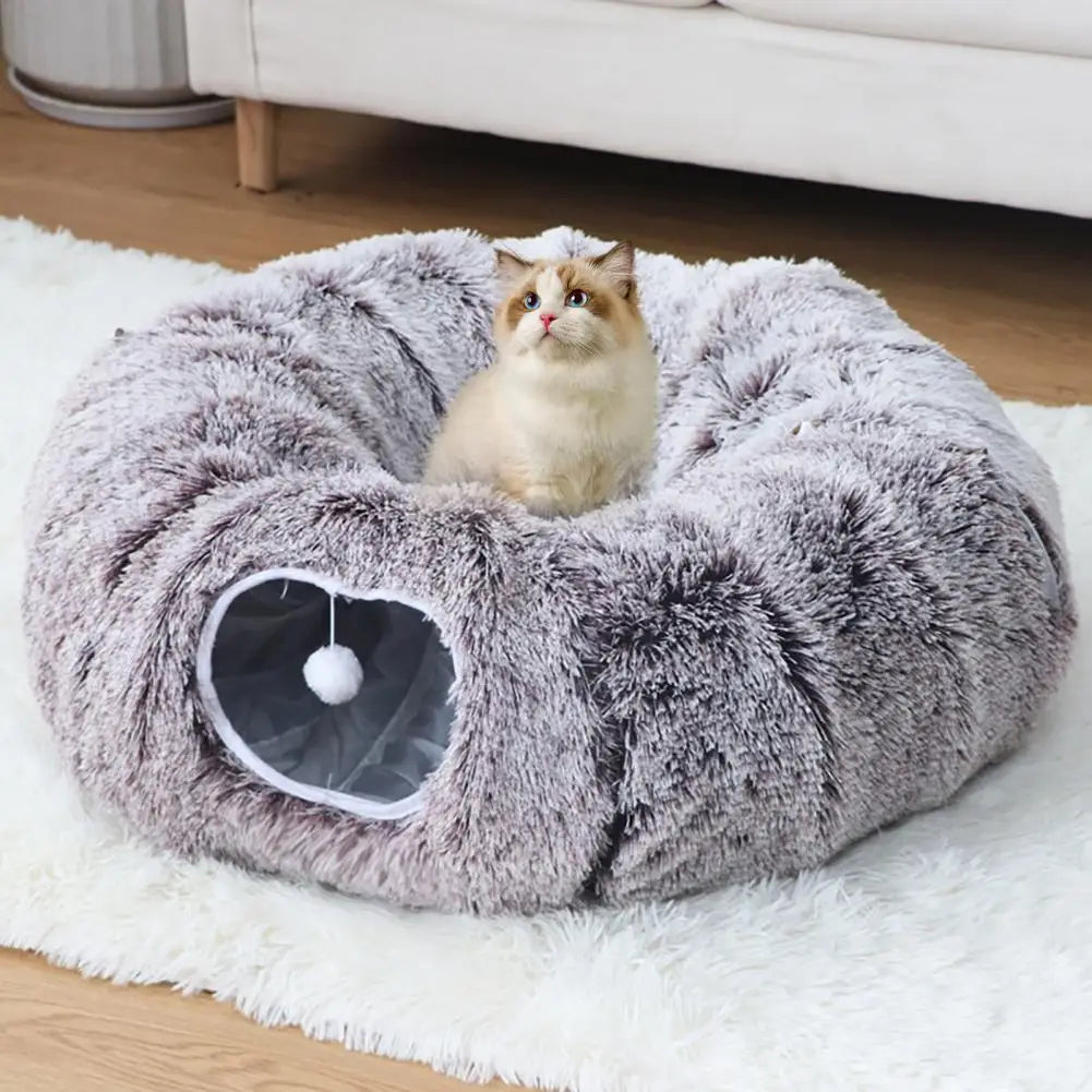 Plush Donut Cat Tunnel Bed – Round Play Tunnel with Hanging Balls, Washable Peekaboo Cave for Kittens Small Large Cats