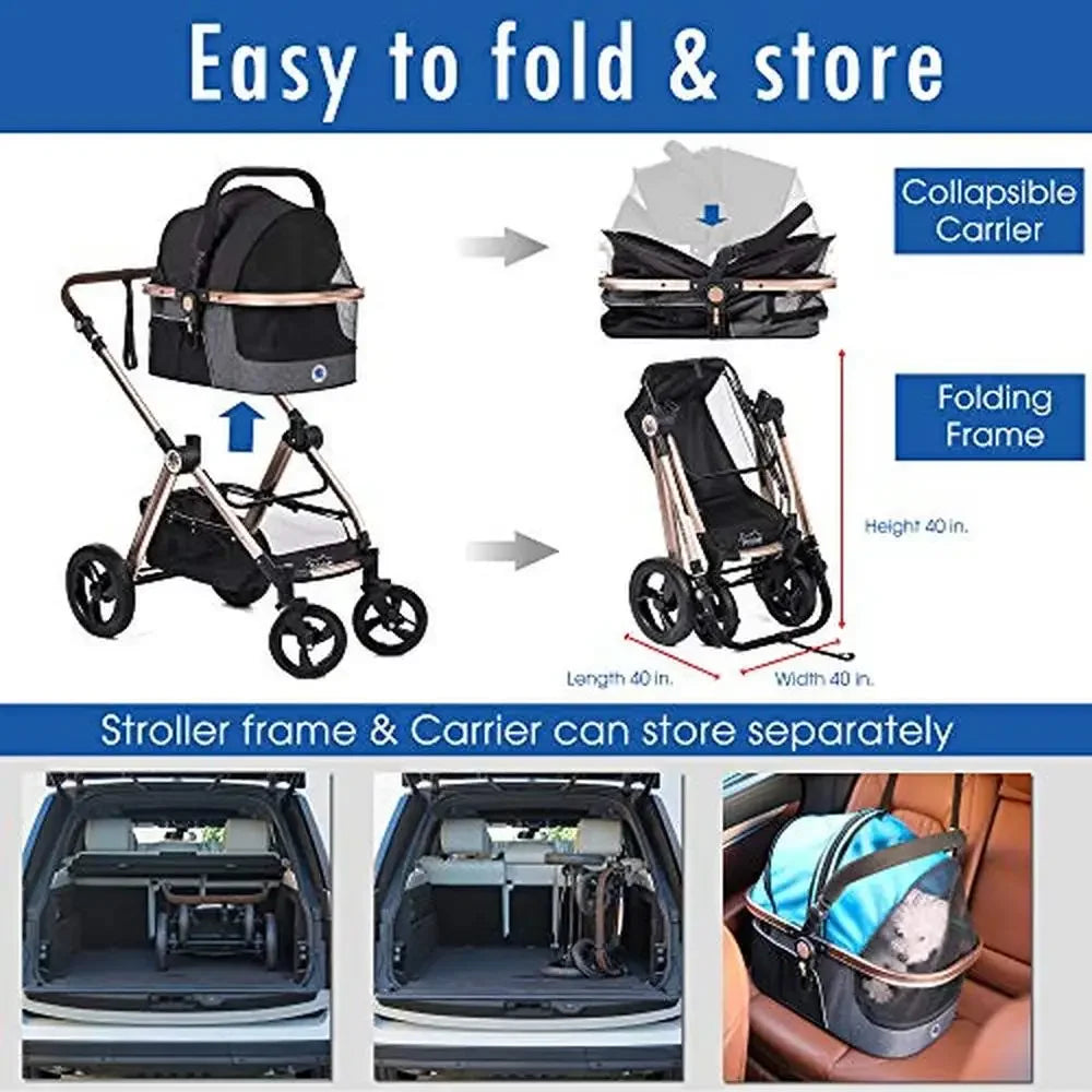 3-in-1 Luxury Pet Stroller Travel Carrier Car Seat with Pump-Free Rubber Wheels & Aluminum Frame Versatile Lightweight & Durable
