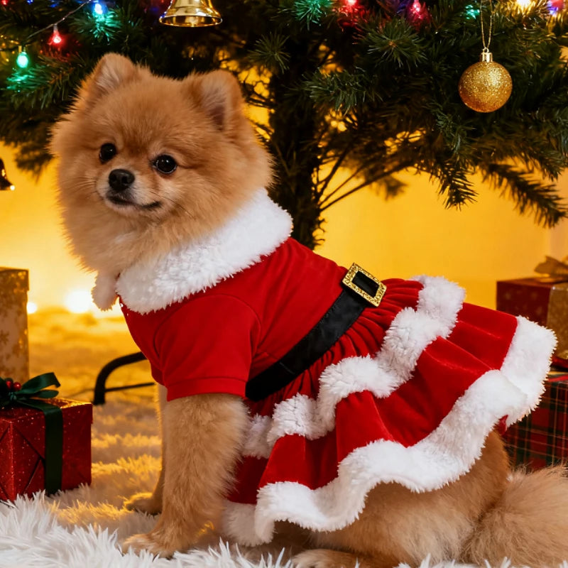 Soft Breathable Cats Christmas Dress Fashion Cute Santa Claus Dog Skirt  Warm Pet Christmas Costume New Year Clothes for Dogs
