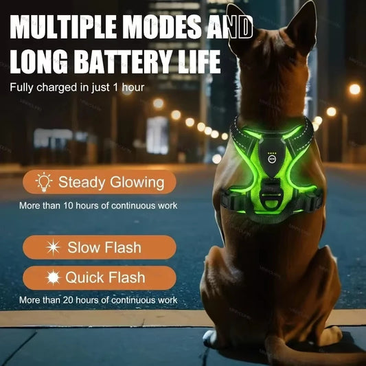 LED Glowing Luminous Dog Harnesses Essential for Dog Walking Safety At Night Dog Vest with Three LED Light Modes Rechargeable