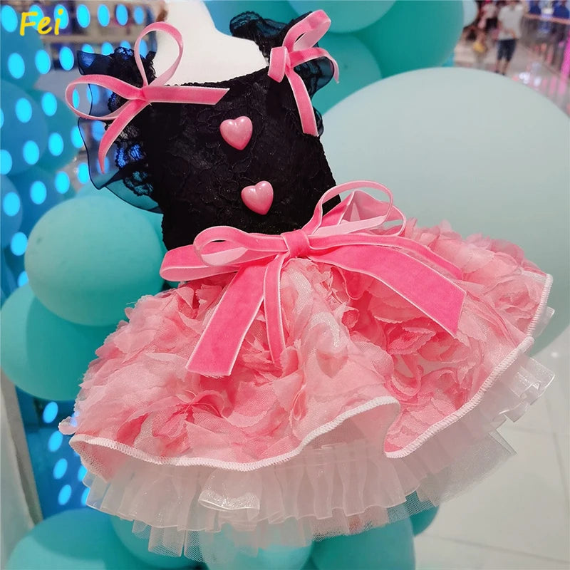 Luxury Satin Dog Wedding Dress with Pearl - Bride Puppy Formal Gown Flower Girl Tutu Skirt + Veil for Small Breed Poodle