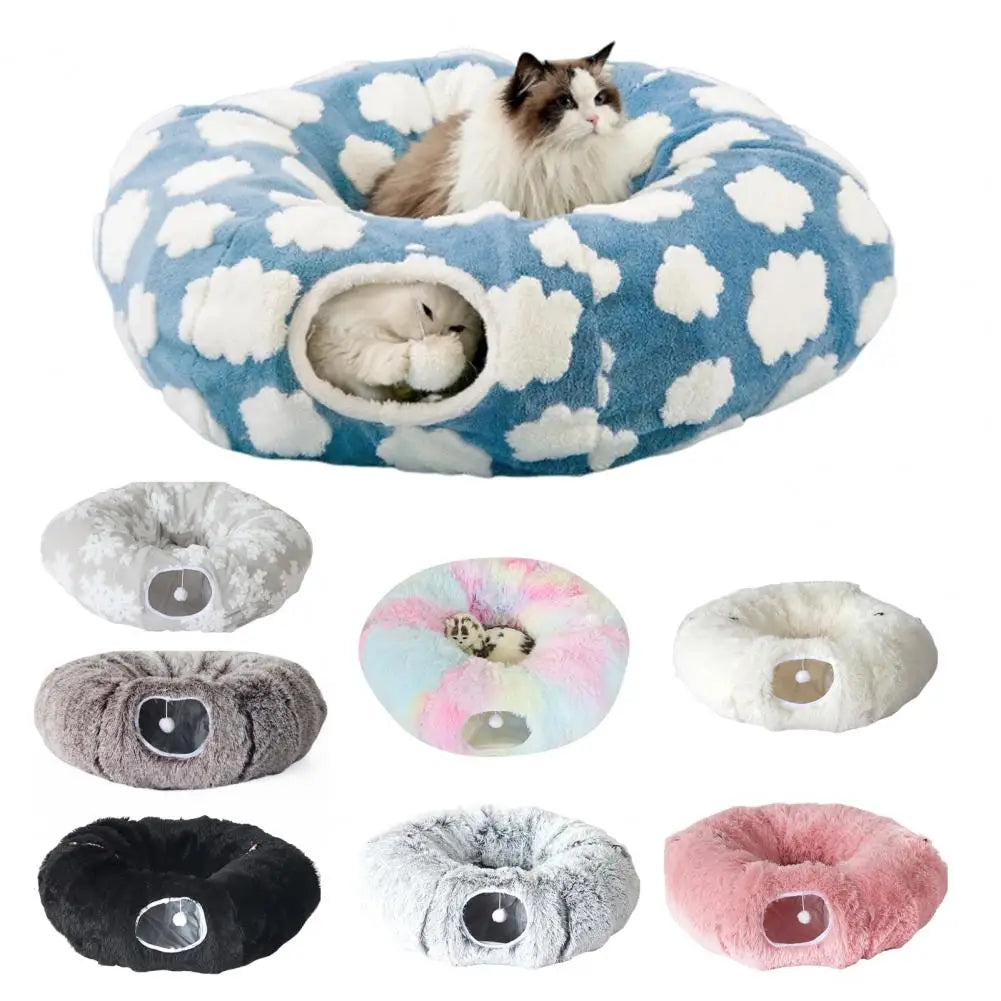 Plush Donut Cat Tunnel Bed – Round Play Tunnel with Hanging Balls, Washable Peekaboo Cave for Kittens Small Large Cats