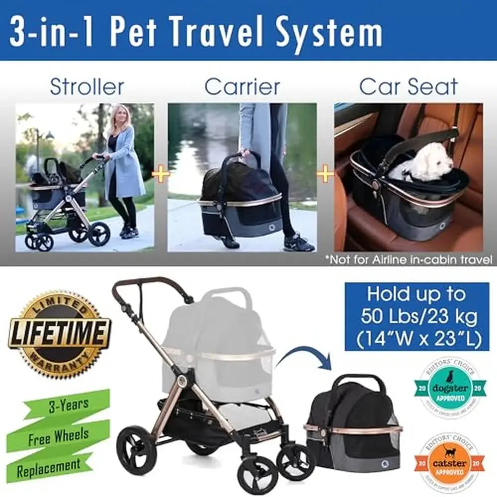 3-in-1 Luxury Pet Stroller Travel Carrier Car Seat with Pump-Free Rubber Wheels & Aluminum Frame Versatile Lightweight & Durable