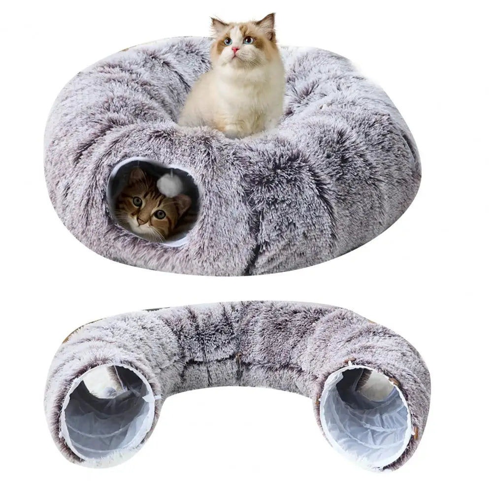 Plush Donut Cat Tunnel Bed – Round Play Tunnel with Hanging Balls, Washable Peekaboo Cave for Kittens Small Large Cats