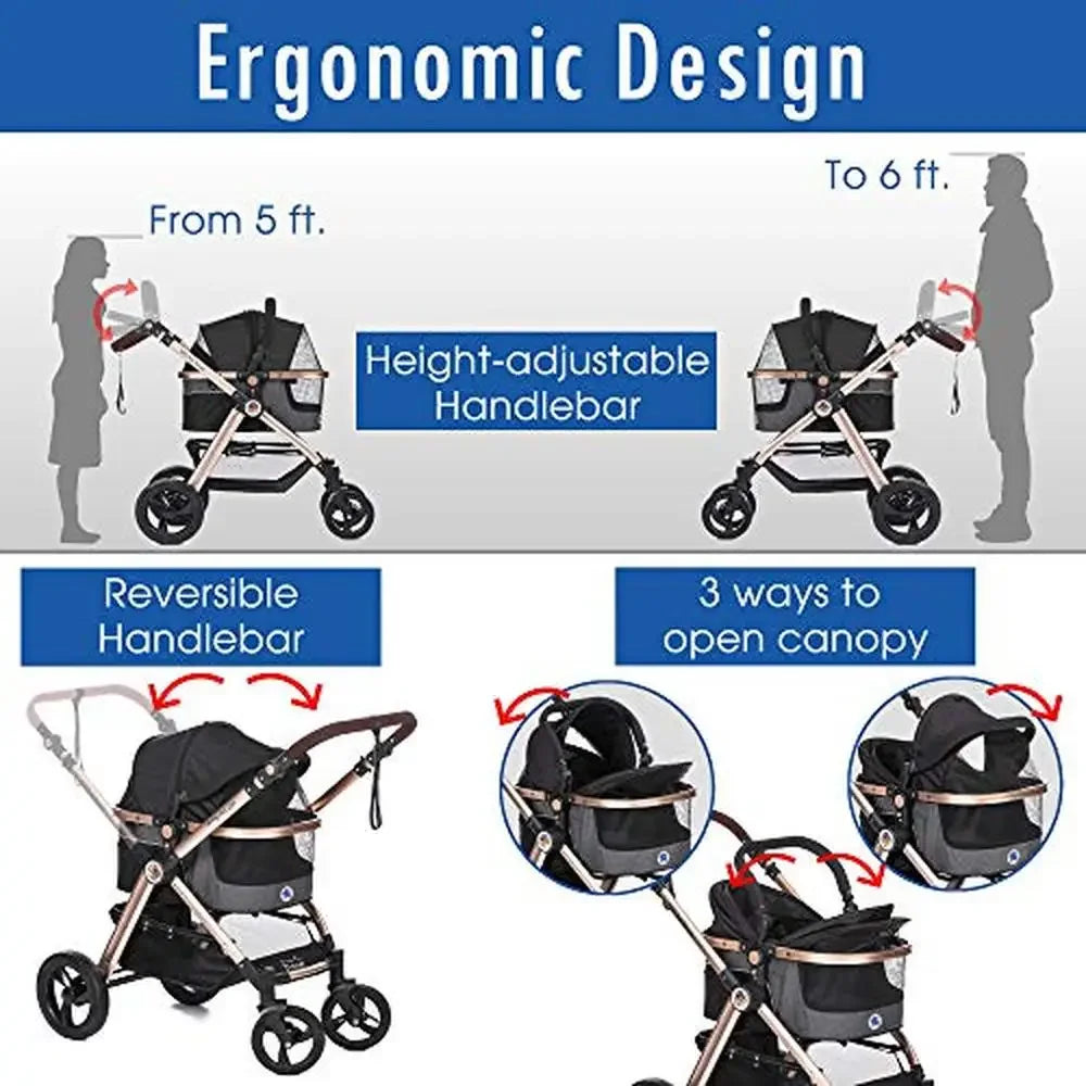 3-in-1 Luxury Pet Stroller Travel Carrier Car Seat with Pump-Free Rubber Wheels & Aluminum Frame Versatile Lightweight & Durable