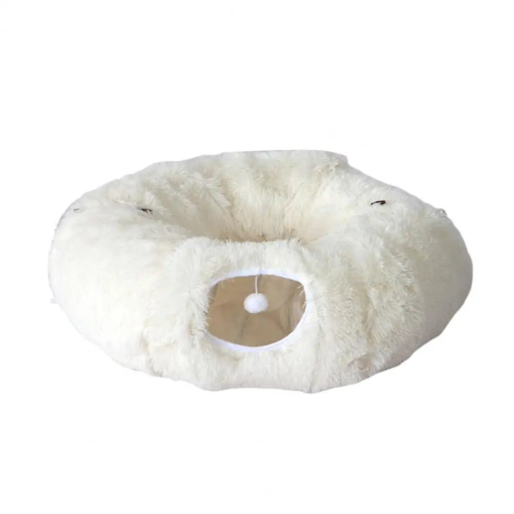 Plush Donut Cat Tunnel Bed – Round Play Tunnel with Hanging Balls, Washable Peekaboo Cave for Kittens Small Large Cats