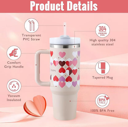 40 Oz Tumbler With Handle Straw Insulated, Stainless Steel Spill Proof Vacuum Coffee Cup Tumbler With Lid Tapered Mug Gifts For Valentine Lover Suitable For Car Gym Office Travel